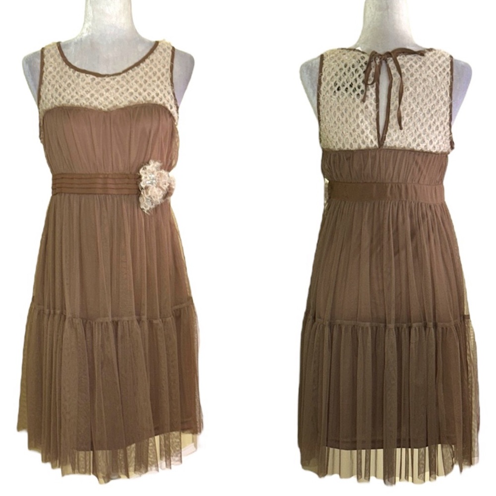 NWT Ryu Anthro Brown Tulle Crochet Knitted Floral Rosette Tie Cutout Dress - M